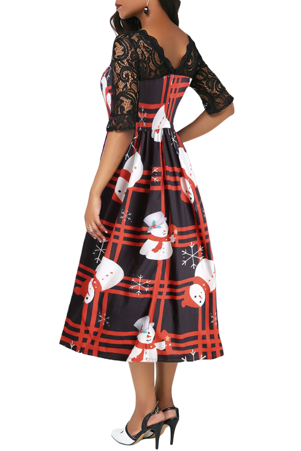 BY610920-3 VINTAGE SNOWMAN PLAID CHRISTMAS PRINT FLARED DRESS